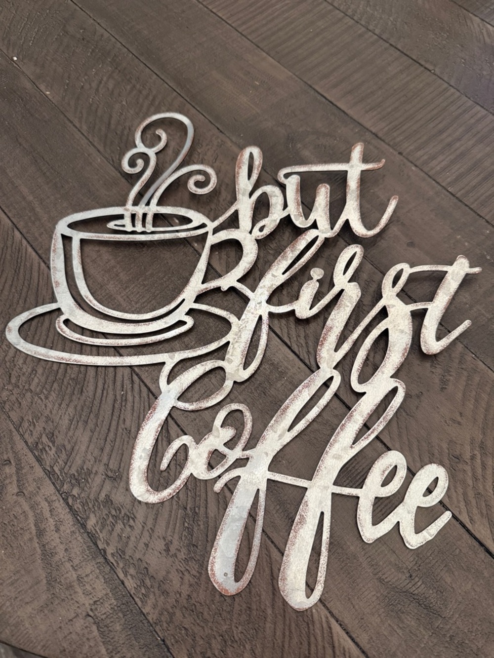 But First Coffee Wall Art Sign - White Rustic Metal Coffee Decor